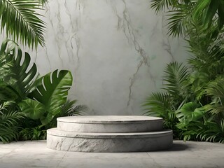 Obraz premium Podium background product green nature 3D forest stand white plant. Cosmetic background product podium display wood jungle studio garden beauty platform presentation mockup pedestal stone tropical