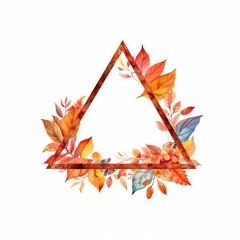 Watercolor autumn leaf wreath. A triangle picture frame decorated with orange and brown leaves and separated with white background. Watercolor. Seasonal decoration and thanksgiving concept. AIG35.