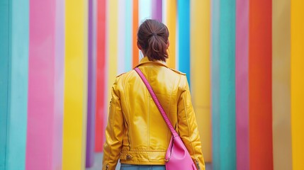 Young woman in yellow leather jacket with pink bag walking through colorful vertical striped tunnel, back view. Female model wearing casual outfit looking at camera standing against bright background