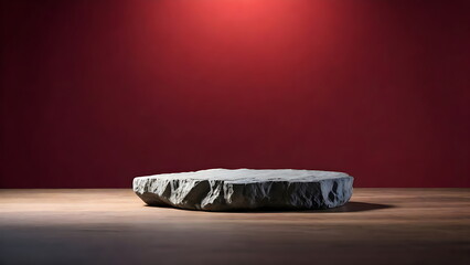 The stone pedestal podium is placed against a dark red background. Spotlights illuminate the base