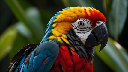 close-up guacamayo tropical en la naturaleza, loro with plumas hermosas con fondo negro, ave tropical con plumas de colores aislado