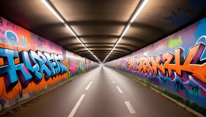 Tunnel with bright graffiti art on the walls.
