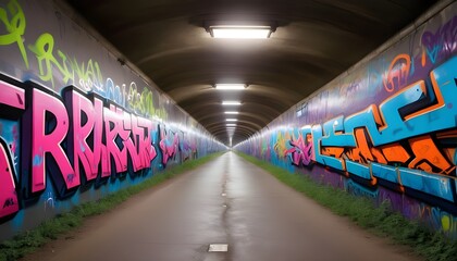 Tunnel with bright graffiti art on the walls.

