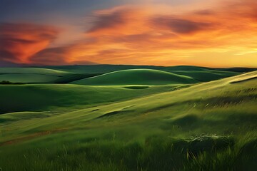 Obraz premium A green rolling hills with a sunset