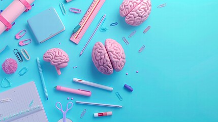 a brain and school supplies on a blue background. Concept for education, learning or a top view with objects in the style of pastel colors.