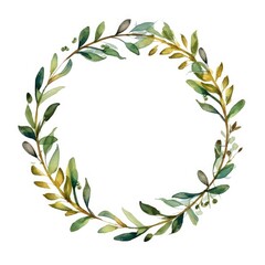 Circular watercolor foliage wreath with green leaves and yellow accents. Circle picture frame with green pastel leaves. Organic botany concept for eco-friendly branding and stationery design. AIG35.