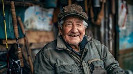 Smiling elderly man wearing outdoor gear, sitting in a rustic cabin, surrounded by fishing equipment, exuding warmth and happiness.