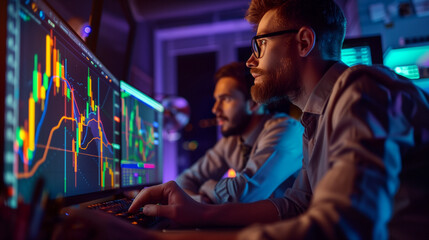 Obraz premium Two diverse crypto traders brokers stock exchange market investors discussing trading charts research reports growth using pc computer looking at screen analyzing invest strategy, financial risks