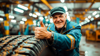 An elderly mechanic gives a thumbs up while inspecting a tire in an industrial factory setting. The man is smiling and appears confident in his work.