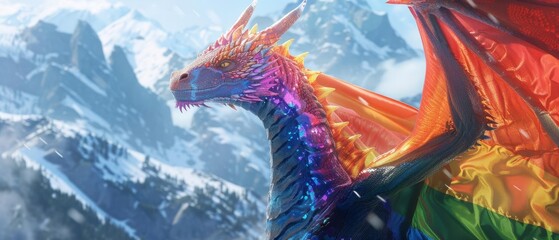 A dragon wrapped in a pride flag, close up, representation, vibrant, overlay, mountain backdrop