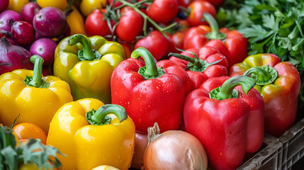 Abstract blurred supermarket aisle with colorful shelves and unrecognizable customers as background. Fresh vegetables on shelf in supermarket for background. Supermarket , fruit and vegetable zone. 
