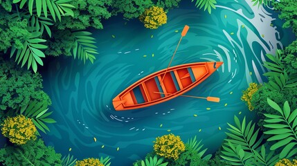 Boating on a lake flat design top view summer theme cartoon drawing vivid