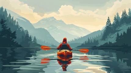 Kayaking on a lake flat design front view adventure theme cartoon drawing Analogous Color Scheme