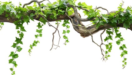 A close-up of a tree branch with green leaves and a brown trunk against a white background.