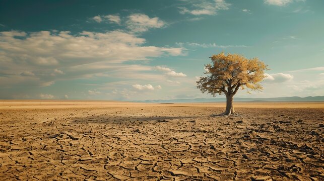Lone Tree Enduring in Parched Landscape Symbolizing Climate Change Impacts on Vulnerable Ecosystems