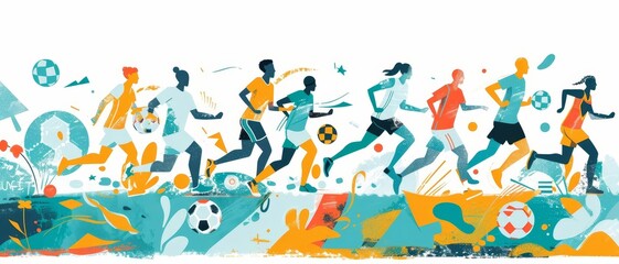 Sports and fitness activity with diverse participants, using simple shapes and limited color palette