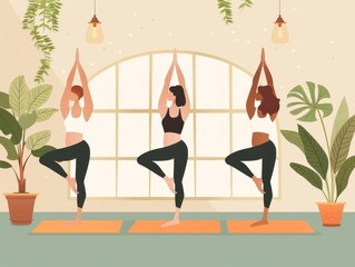 Sports and fitness scene with diverse participants doing yoga, illustrated in a minimalist design