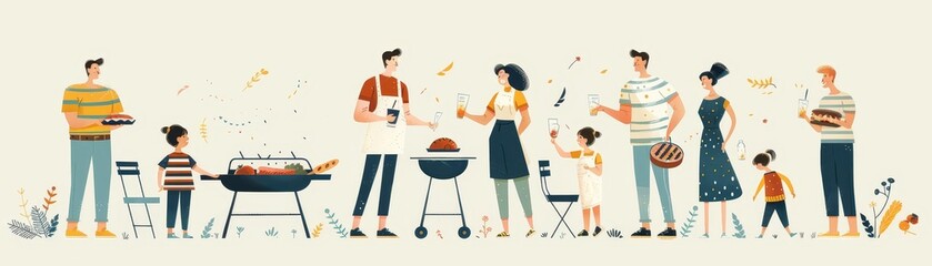 Food and drink illustration with diverse family enjoying a picnic, using minimalist elements