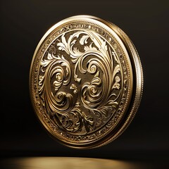 A stunning gold coin with intricate designs, spinning in midair against a dark background, capturing its reflective surface and details, Realistic, 3D Rendering,