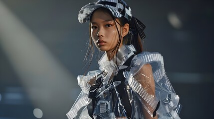 Futuristic sustainable and eco-conscious plastic recycle fashion trend, transparent sporty dress...