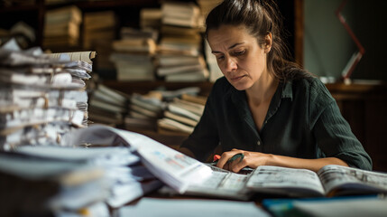 A determined businesswoman sits at her desk, surrounded by stacks of financial documents and reports, diligently inputting numbers into a spreadsheet.