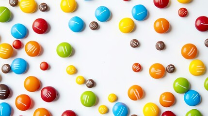 Assorted colorful candies, white background, Playful, Photography,