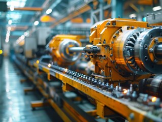 Fototapeta premium Automated industrial manufacturing machinery in a factory production line, emphasizing technology and precision engineering.
