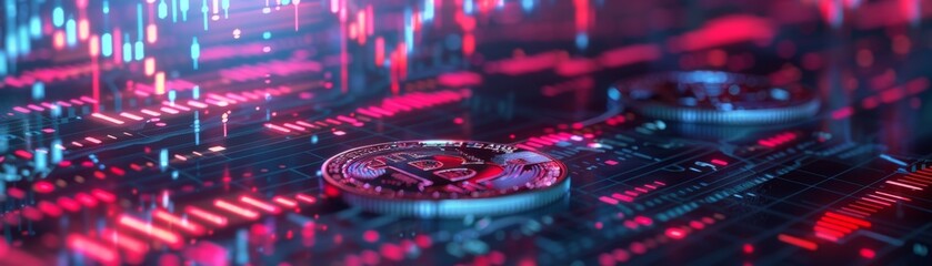 Obraz premium Bitcoin coins on a digital circuit board with red and blue lights, representing cryptocurrency, blockchain technology, and digital currency.
