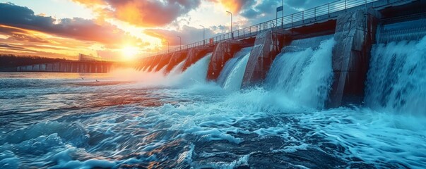 Breathtaking sunset over a powerful dam with cascading waters, creating a stunning blend of nature and engineering marvels.