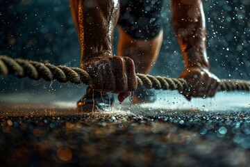 Closeup of a determined athlete performing an intense workout with battle ropes, sweating and pushing through a rainy outdoors session.