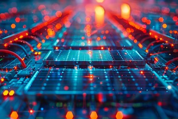 Close-up of a server motherboard with illuminated circuits and components, showcasing technology and data processing in vibrant colors.