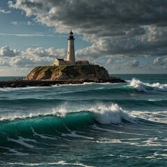 "D-Day: Honoring their bravery and sacrifice."Background: Turquoise waves with a lighthouse in the distance.