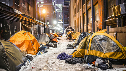 Urban scene with tents set up in a snowy alley at night, highlighting homelessness in the city. The image shows the stark contrast of people living in temporary shelters.