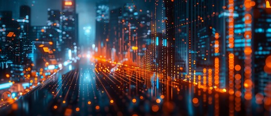 Futuristic cityscape with glowing lights and digital elements, representing advanced technology and innovation in urban environments.