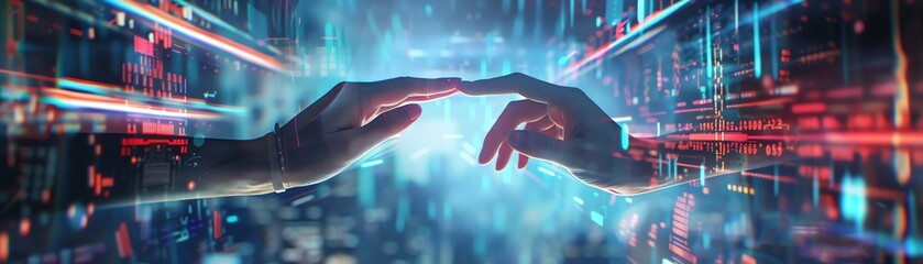 Hands sharing a piece of information through a futuristic digital screen, surrounded by holographic data streams, representing modern communication, Cyberpunk, Digital Art,
