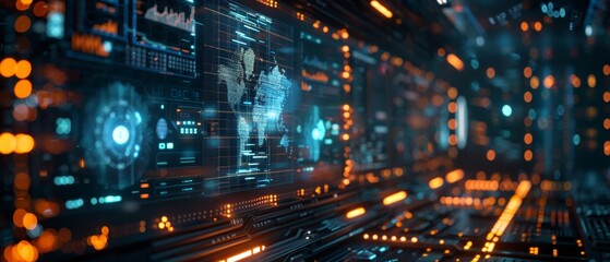 Obraz premium Futuristic digital technology interface with global data visualization and glowing lights, showcasing advanced connections and network systems.