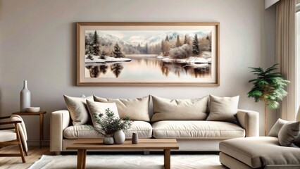 Obraz premium a large framed picture of the winter lake in an elegant living room with sofa and coffee table, a painting hanging on wall