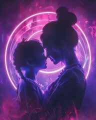 Neon silhouette of a mother and child, surrounded by glowing neon lights, emphasizing their bond, Futuristic, Digital Art,