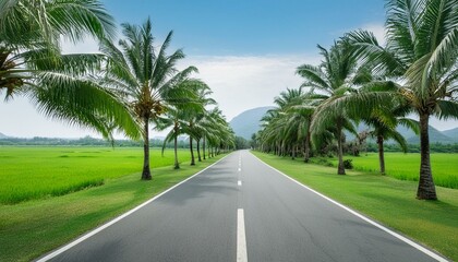 Fototapeta premium A beautiful wide clear road green land both side palm trees road side with palm trees
