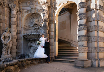 Closeup portrait of a cute couple.  Bride and groom looking into each other's eyes.  Bride stands...