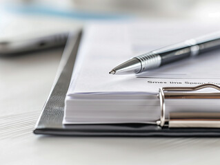 Ringordner auf dem Tisch, daneben zu unterzeichnende Dokumente, Kugelschreiber auf den Dokumenten, wei&szlig;er Tisch.