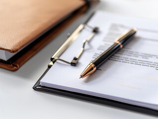 Ringordner auf dem Tisch, daneben zu unterzeichnende Dokumente, Kugelschreiber auf den Dokumenten, wei&szlig;er Tisch.