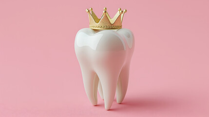 Healthy tooth with golden crown. Isolated on pink colored background