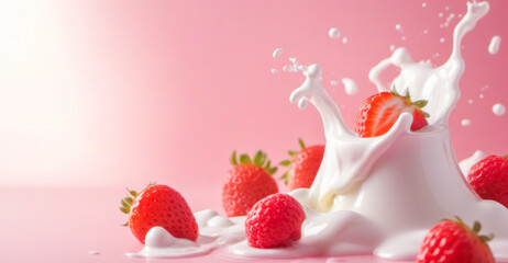 yogurt with strawberries. Fresh ripe strawberries falling into creamy yogurt, creating dynamic splash, perfect for dessert ads, highlighting natural sweetness and freshness