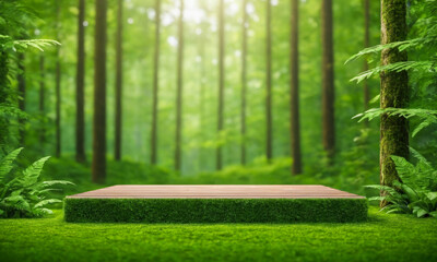 wooden podium for product presentation in lush green forest environment. platform in Natural green background for Empty show product presentation. cosmetic products, scene with green leaves background