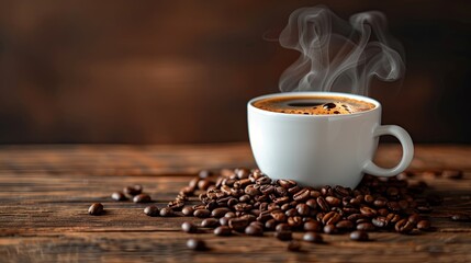 Artistic shot of a steaming white coffee cup with black coffee and a natural swirl, coffee beans on...
