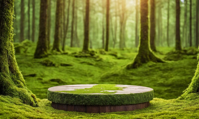 podium for product presentation in green forest environment. Forest Scene with Circular Wood Platform, Sunbeams, Lush Foliage Surrounding for Exhibiting Products