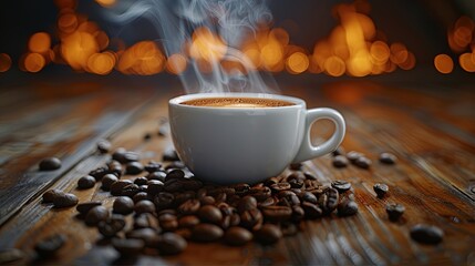 Artistic shot of a steaming white coffee cup with black coffee and a natural swirl, coffee beans on a wooden background