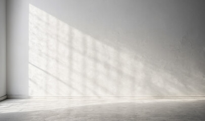 Product placement. Bright room, white plaster wall, sunlight shadows, minimalist design, modern interior, empty space, product showcase area, presentation backdrop