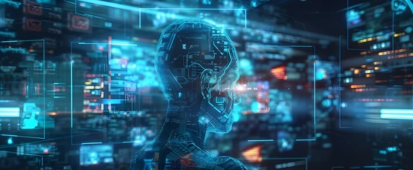 Advanced artificial intelligence, human body, full body, outstanding, innovative technology of the future. The overall mood should be cinematic and futuristic. It is reminiscent of themes such as scie